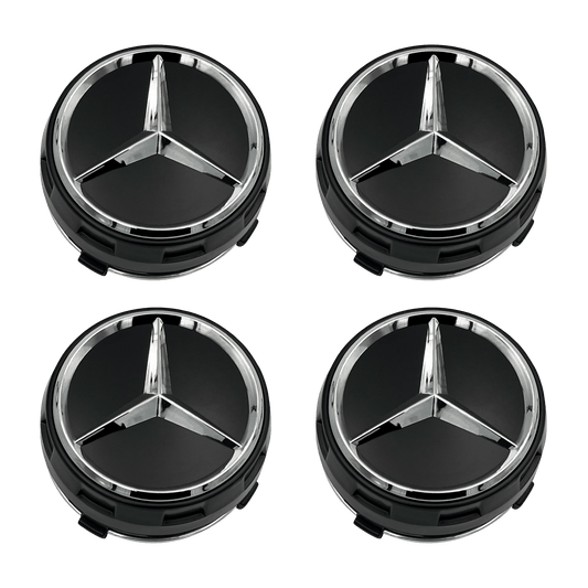 4 stk. Mercedes-Benz Star Center Caps Black Full 75mm